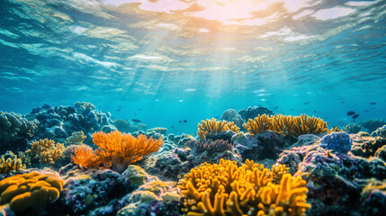 Fototapeta premium Vibrant Coral Reef Seabed in Clear Waters