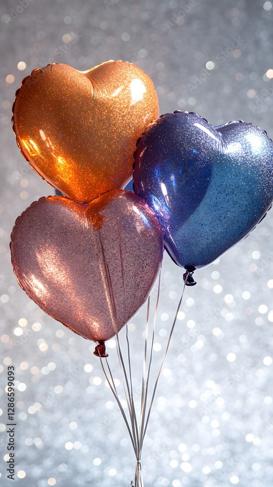 Poster three sparkling heart shaped balloons float above shimmering background