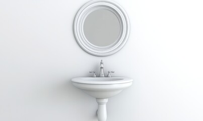 White sink and round mirror on a minimalist bathroom wall