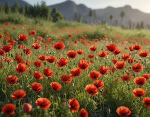 Obraz premium Wild red poppies swaying in the warm summer breeze, blooming flowers, green grass