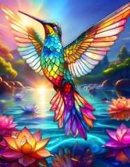Giant stained glass hummingbird hovering over lotus flowers and pond
