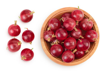 Red gooseberry in wooden bowl isolated on white background. Top view. Flat lay.