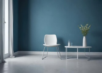 White modern side chair in a minimalistic blue room, simplicity, empty space, stylish, clean, elegant