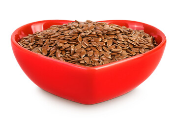 flaxseed in ceramic bowl isolated on white background. Top view. Flat lay