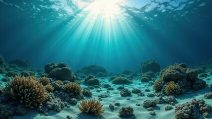 Fototapeta premium Underwater view of bleached coral reef with sun rays shining through clear ocean water 