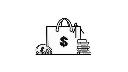Shopping Bag & Coin Stacks: A Simple Line Drawing Illustration AI Generated