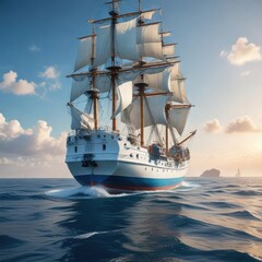 White cargo ship on blue waters with sails unfurled, vessel in harbor, marina