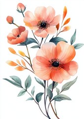 high quality watercolor flowers, flat white background, 5:7