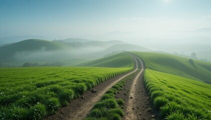 Fototapeta premium Scenic road through lush green hills landscape photography nature serene wide angle serenity