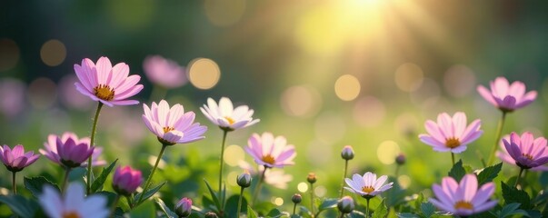 Fototapeta premium Whimsical bokeh swirls amidst delicate flowers in a misty garden, misty, fantastical, delicate