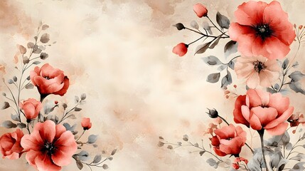 Delicate Floral Watercolor Background with Soft Red Blooms