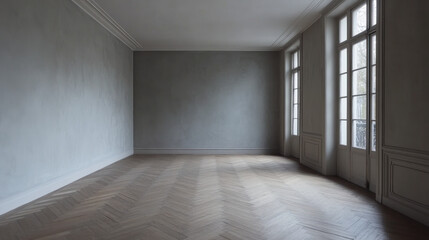 spacious room with herringbone parquet flooring and large windows allowing natural light to fill space, creating serene atmosphere