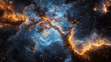 A celestial tree of glowing nebula roots stretches across space, its branches pulsing with stardust