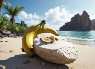 Obraz premium Una banana perfecta sobre una piedra blanca con la playa de fondo azulada y un cielo nublado, outdoor, serenity, beach