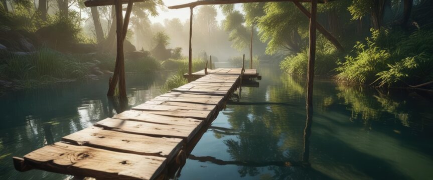 Un ave estrecho saltando sobre un puente de madera en un estanque de agua , wooden bridge, agua