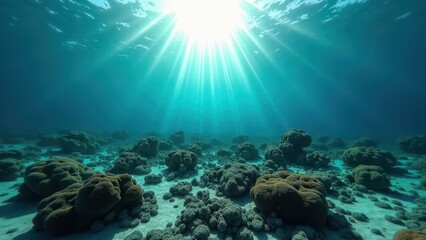 Fototapeta premium Underwater view of bleached coral reef with sun rays shining through clear ocean water 