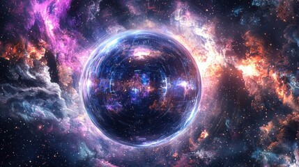 Obraz premium A futuristic Dyson Sphere encased within a nebula, absorbing its endless cosmic energy