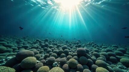 Underwater view of bleached coral reef with sun rays shining through clear ocean water	
