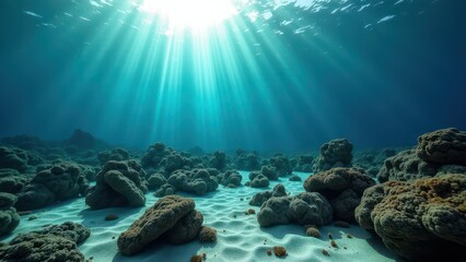 Fototapeta premium Underwater view of bleached coral reef with sun rays shining through clear ocean water 