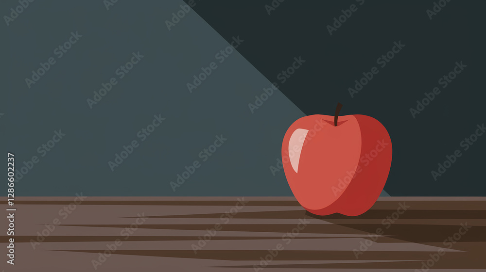 Poster minimalistic illustration of a single red apple on a wooden surface with shadows, showcasing simplic