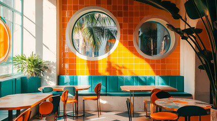 Vibrant Interior with Tropical Views: A bright and modern interior space showcasing orange tiled walls and teal accents, circular windows offer framed glimpses of palm trees outside.