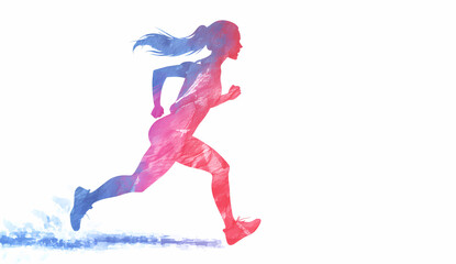 Silhouette of Speed: A dynamic and colorful watercolor silhouette captures the essence of movement as a female runner sprints with focused determination.