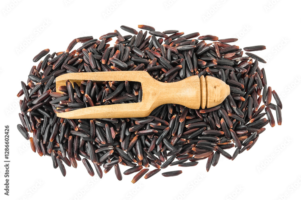 Wall mural Black wild rice in wooden scoop isolated on white background close up. Top view. Flat lay