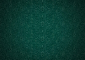 Hand-drawn unique abstract symmetrical seamless ornament. Bright green on a deep cold green with vignette of a darker background color. Paper texture. Digital artwork, A4. (pattern: p13-2c)