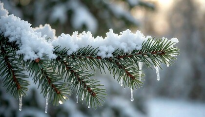 Snowy Pine Branch with Icicles Outdoors