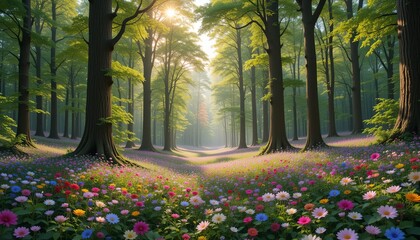 Sunlit flower meadow enchanted forest nature scene vibrant atmosphere serene viewpoint