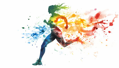 Running Silhouette in Splatter: A vibrant, artistic representation of a runner in mid-stride, rendered in a dynamic splatter of multicolored hues