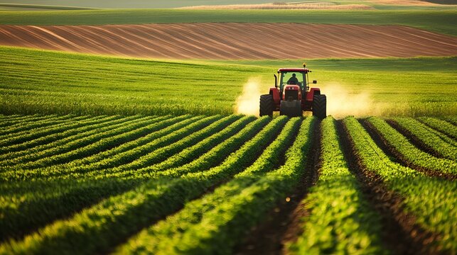 21. A farmer driving a tractor through a lush green field
