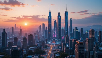 Naklejka premium Sunrise urban skyline shanghai cityscape city aerial view gigapixel cgi