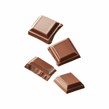 Realistic milk chocolate squares floating in mid-air, smooth glossy texture with rich cocoa details isolated on transparent background.