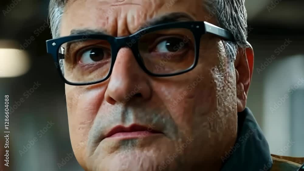 Poster man with glasses showing a serious expression in an indoor setting during daytime