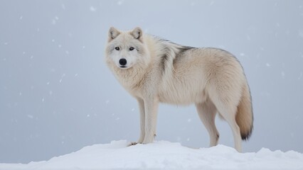 Obraz premium A majestic white wolf stands on a snowy peak, gazing directly at the camera.