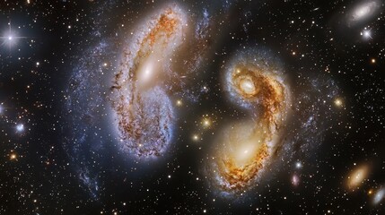 A cosmic symphony of galaxies merging, their nebula clouds forming a breathtaking celestial painting