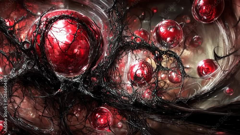 Poster intricate abstract design featuring swirling forms and red orbs amidst dark tendrils in a surreal sp