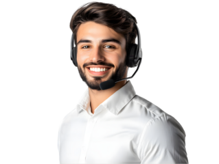 Young man with headset smiling and looking at camera in professional communication environment