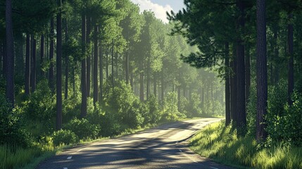 Obraz premium A scenic road winding through a dense forest of tall pine trees, with sunlight streaming through the branches. The road winds through the forest, with sunlight streaming 