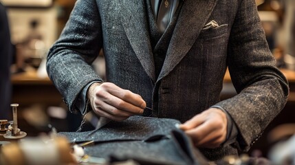 48. A tailor hand-sewing a suit with a needle and thread in a workshop