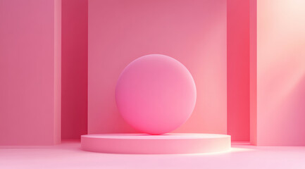 pink sphere is placed on circular platform in minimalist room with smooth pink gradient walls, creating serene and modern atmosphere