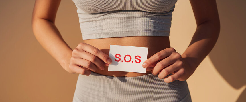 Close-up shot of a woman holding an "S.O.S" card near her waist, symbolizing a call for help or distress in a vulnerable moment, representing urgent need for assistance.