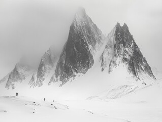 Foggy mountains with hikers in winter landscape.