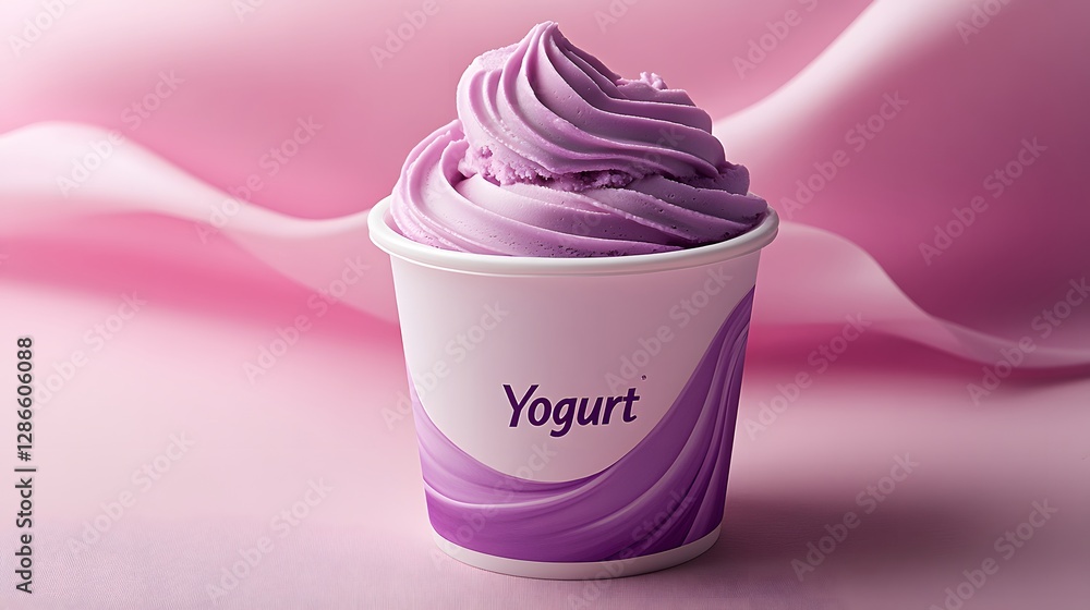 Poster an image displaying a cup of purple yogurt with abstract background
