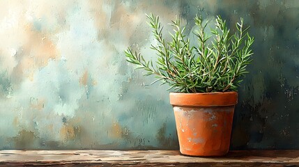 Green Herb Plant in Terracotta Pot Against Textured Wall Background