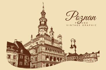 Fototapeta premium City ancient architecture, Poznan, Poland. Vintage brown and beige graphics, engraved, vector. Old retro design.