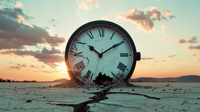 Cracked clock emerges from dry landscape during sunset, symbolizing the passage of time and environmental changes