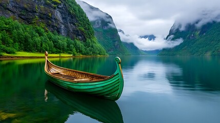Obraz premium Serene Green Viking Boat in Calm Fjord Surrounded by Majestic Mountains