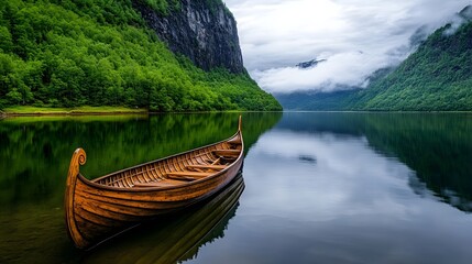 Obraz premium Serene Wooden Boat on Calm Lake Surrounded by Lush Greenery